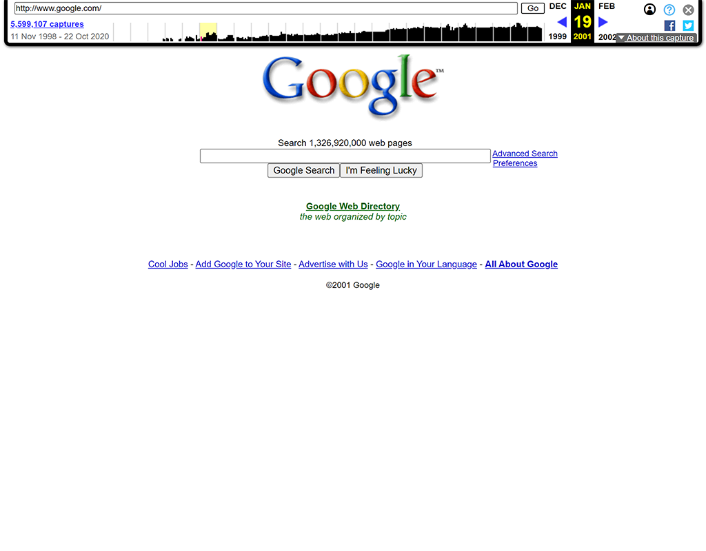 2001年1月19日的Google首頁