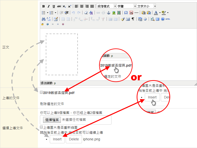 按下已經上傳的檔案名稱或是Insert按鈕後，圖片會自動貼至所見即所得編輯器中。